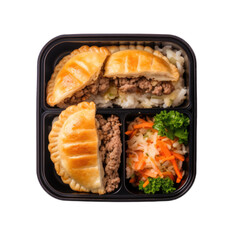Mini meat pies in a lunchbox top view isolated on transparent background. Generative AI