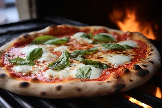 Fresh baked pizza closeup, traditional wood fired oven