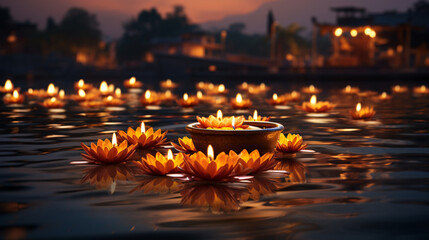 A serene night scene with diyas floating on water, capturing the tranquil beauty of Diwali celebrations, Diwali, Diwali Background Generative AI - obrazy, fototapety, plakaty