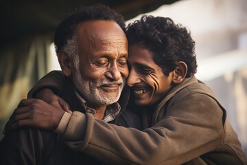 An older man and a younger man share a heartfelt hug.. A fictional character Created By Generated AI.