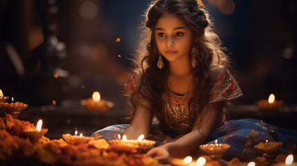 Obraz na płótnie Canvas A young girl in traditional attire offering prayers before a lit diya, encapsulating the spiritual significance of Diwali, Diwali, Diwali Background Generative AI