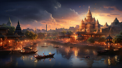 A breathtaking view of a cityscape adorned with colorful lights and decorations, capturing the grandeur of urban Diwali celebrations, Diwali, Diwali Background Generative AI