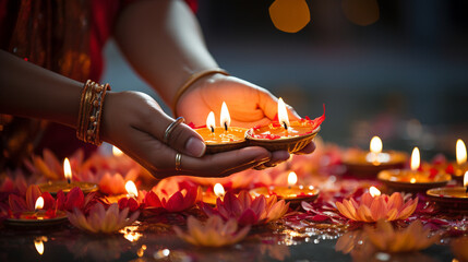 A close-up of hands lighting a diya during the Lakshmi Puja, symbolizing the illumination of hearts and homes, Diwali Generative AI