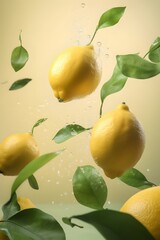 flying yellow lemons, green leaves on light pastel background. Creative food concept.