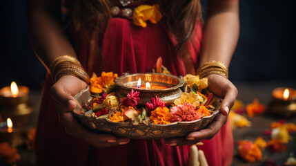 Hands holding a traditional puja thali adorned with essentials for the Lakshmi Puja, such as incense and flowers, Diwali Generative AI - obrazy, fototapety, plakaty