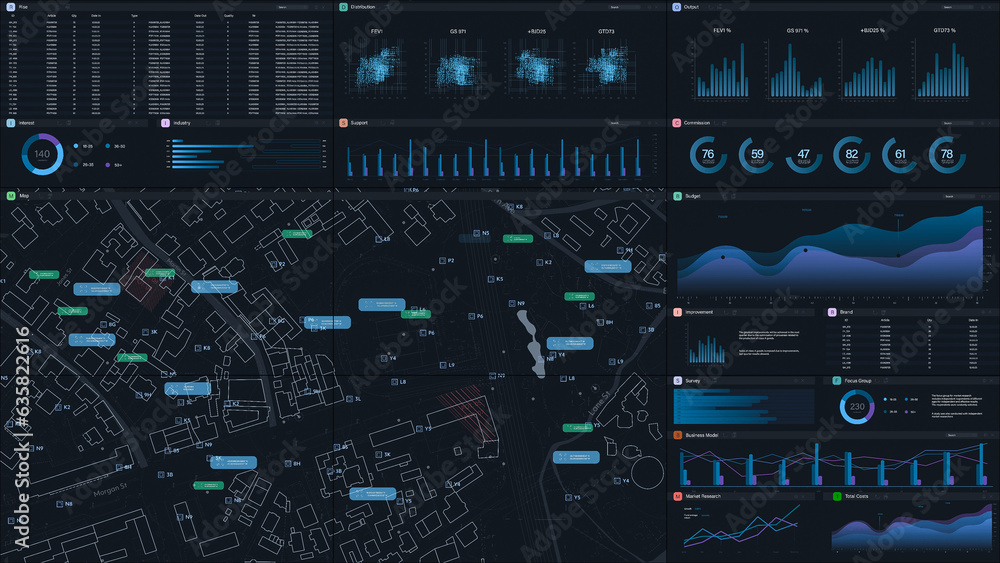 Aufkleber 3D Render: Dark Monitoring Software Mockup: City Map Updating In Real Time And Graphs And Charts With Data. Computer Programm For Business Expansion Planning Template For Desktop or TV Monitors.
