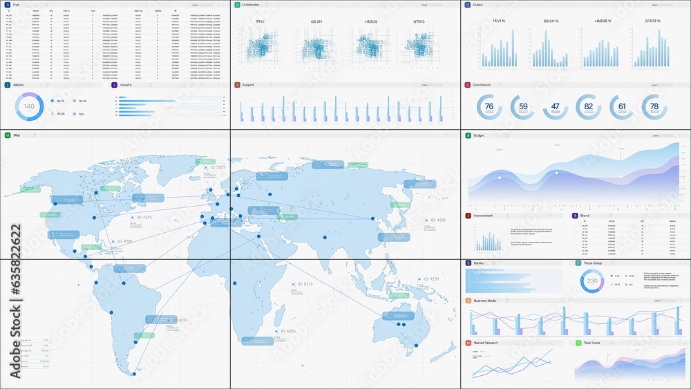 Poster 3D Render: Light Monitoring Software Mockup With World Map Updating In Real Time And Graphs And Charts With Analytical Data. Computer Program For Logistics Template For Desktop or TV Monitors.