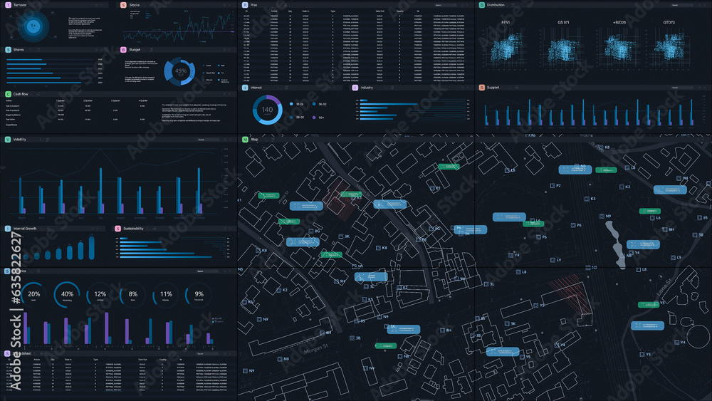Aufkleber 3D Render: Dark Monitoring Software Mockup With City Map Updating In Real Time And Graphs And Charts With Analytical Data. Computer Programm For Business Planning Template For Desktop or TV Monitors.