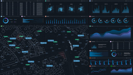 3D Render: Dark Monitoring Software Mockup: City Map Updating In Real Time And Graphs And Charts With Data. Computer Programm For Business Expansion Planning Template For Desktop or TV Monitors.