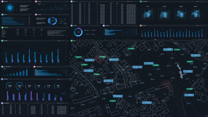 3D Render: Dark Monitoring Software Mockup With City Map Updating In Real Time And Graphs And Charts With Analytical Data. Computer Programm For Business Planning Template For Desktop or TV Monitors.