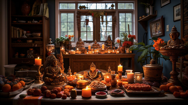 An image capturing the serene ambiance of the puja room during the Lakshmi Puja, where the divine is invoked, Diwali Generative AI