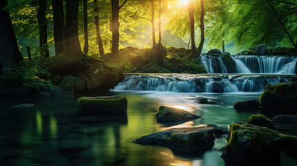 amazing landscape of river in forest with waterfalls and sun rays