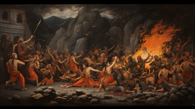 A portrayal of Narakasura's defeat and liberation of prisoners, capturing the essence of Narak Chaturdashi's significance, Diwali, Naraka Chaturdasi Generative AI