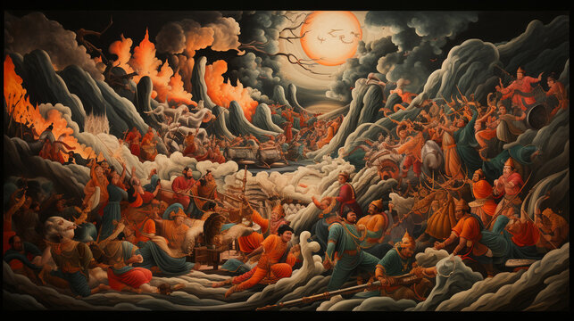 A portrayal of Narakasura's defeat and liberation of prisoners, capturing the essence of Narak Chaturdashi's significance, Diwali, Naraka Chaturdasi Generative AI