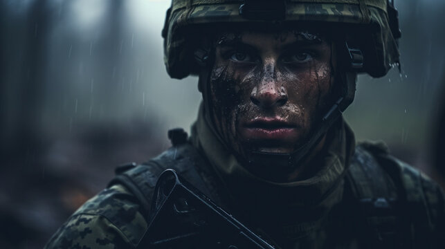portrait of dirty soldier with face covered in makeup in the rain