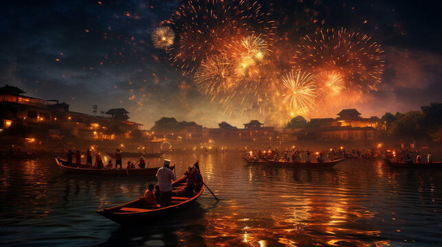 A scene of vibrant fireworks illuminating the night sky, symbolizing the celebration of Naraka Chaturdasi, Diwali, Naraka Chaturdasi Generative AI