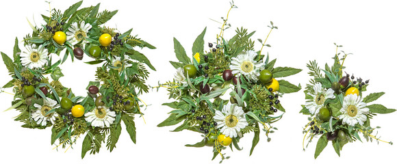 Wreaths made by artificial flowers and plants with transparent background