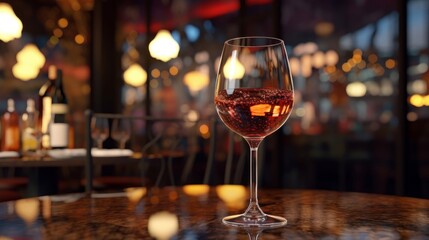 wine glass on wooden table on the pub restaurant background copy space - obrazy, fototapety, plakaty