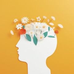 Paper cut human head with flowers on orange background. Minimal concept. World Mental Health Day concept.
