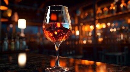 Wineglass with red wine on the background of the night city. - obrazy, fototapety, plakaty