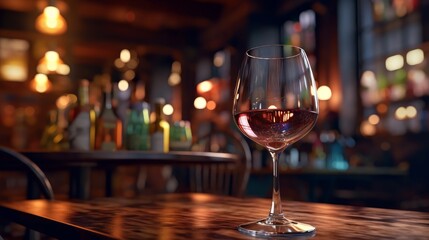 wine glass on wooden table on the pub restaurant background copy space