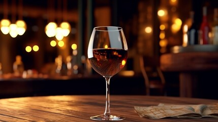 Glass of red wine on wooden table in bar, closeup. Space for text - obrazy, fototapety, plakaty