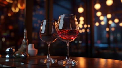 Two glasses of red wine on a table in a restaurant. Close-up