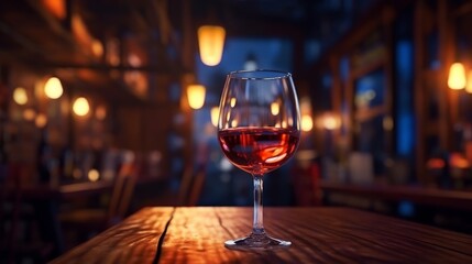Glass of red wine on a wooden table in a pub or restaurant - obrazy, fototapety, plakaty