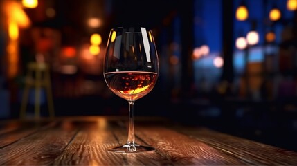 Glass of red wine on a wooden table in a pub or restaurant - obrazy, fototapety, plakaty