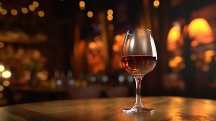 wine glass on wooden table on the pub restaurant background copy space - obrazy, fototapety, plakaty