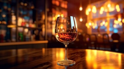 Glass of red wine on wooden table in bar. Blurred background - obrazy, fototapety, plakaty