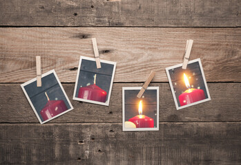 Second Advent candle burning, Four old photo frames with Advent candles