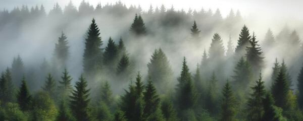 Foggy landscape with spruce forest