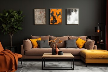 a contemporary living room with a gray sofa against a dark wall, featuring a gallery wall mockup.