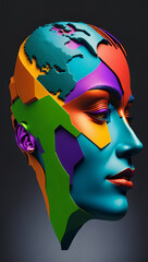 Woman face made of continents and lgbt colors concept. Freedom and gender equality. Homosexual love, gay love and lesbians. Freedom to love. Free relationships between people. AI generative.
