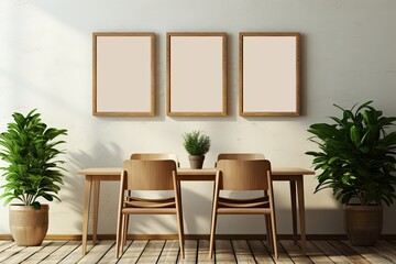 4 empty picture frames on beige wall with wooden dining table, vintage chairs, green house plants. Morning sunlight, Home, Art, Quotes, Background.