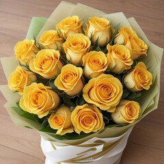 Obraz premium Fresh yellow roses in the bouquet. Gifting Flowers and background. AI Generative