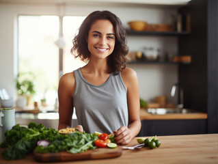 Obraz na płótnie Canvas Happy healthy woman in the kitchen preparing healthy food