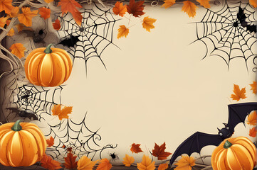 Halloween frame with pumpkins, bats, spiders, decorations. Copy space. Halloween party invitation card mockup.