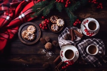 Christmas decoration with cups of hot drink and gingerbread on a wooden background. Generative AI