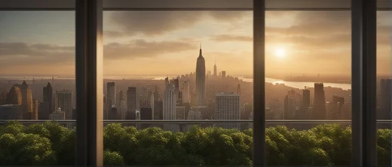 Poster Futuristic cityscape with a tree line, beautiful view from an office room in a building, New-York future city idea with skyscrapers, blue sky and sunset © Quentin