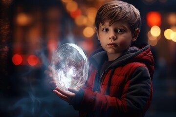 Naklejka premium A Young Boy Dazzles with a Magic Orb in His Hand. A fictional character Created By Generated AI.