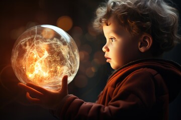 Naklejka premium A Little Boy's Enchanting Moment with a Ball of Light. A fictional character Created By Generated AI.