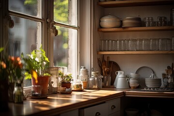 Fototapeta na wymiar Blurred kitchen window with wooden tabletop, shelves in background.