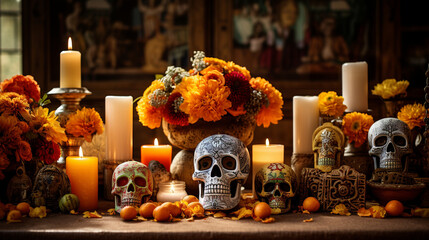 An elaborately decorated altar adorned with marigolds, candles, and sugar skulls, commemorating loved ones, Day of the Dead, Dia de Muertos Generative AI