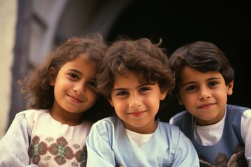 Three young children smiling brightly for the camera. A fictional character Created By Generated AI.