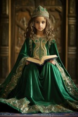 Obraz premium A Young girl wearing a green dress sits and reads a book.. A fictional character Created By Generated AI.