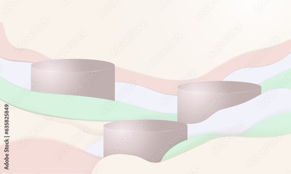 Poster pastel vector background with paper origami waves and cute bubbles. 3d rendered podiums. editable ve