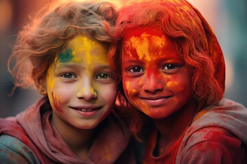 Obraz premium Children with bright colored faces, standing together and smiling. A fictional character Created By Generated AI.