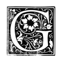 Letter ‘G’ vintage initial drop cap stamp with distressed texture isolated on transparent background